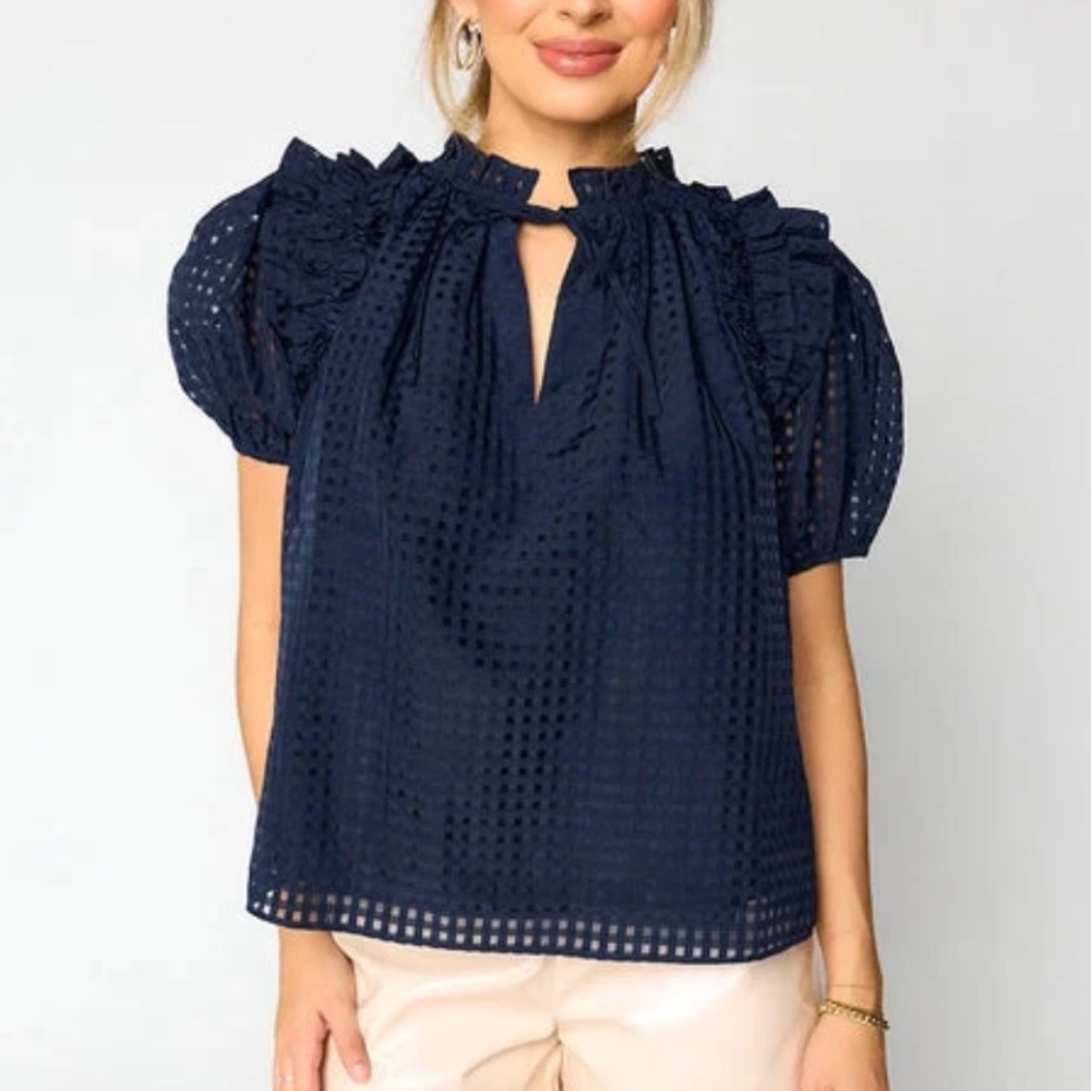 NWT Navy Blue Puff Sleeve Textured Top